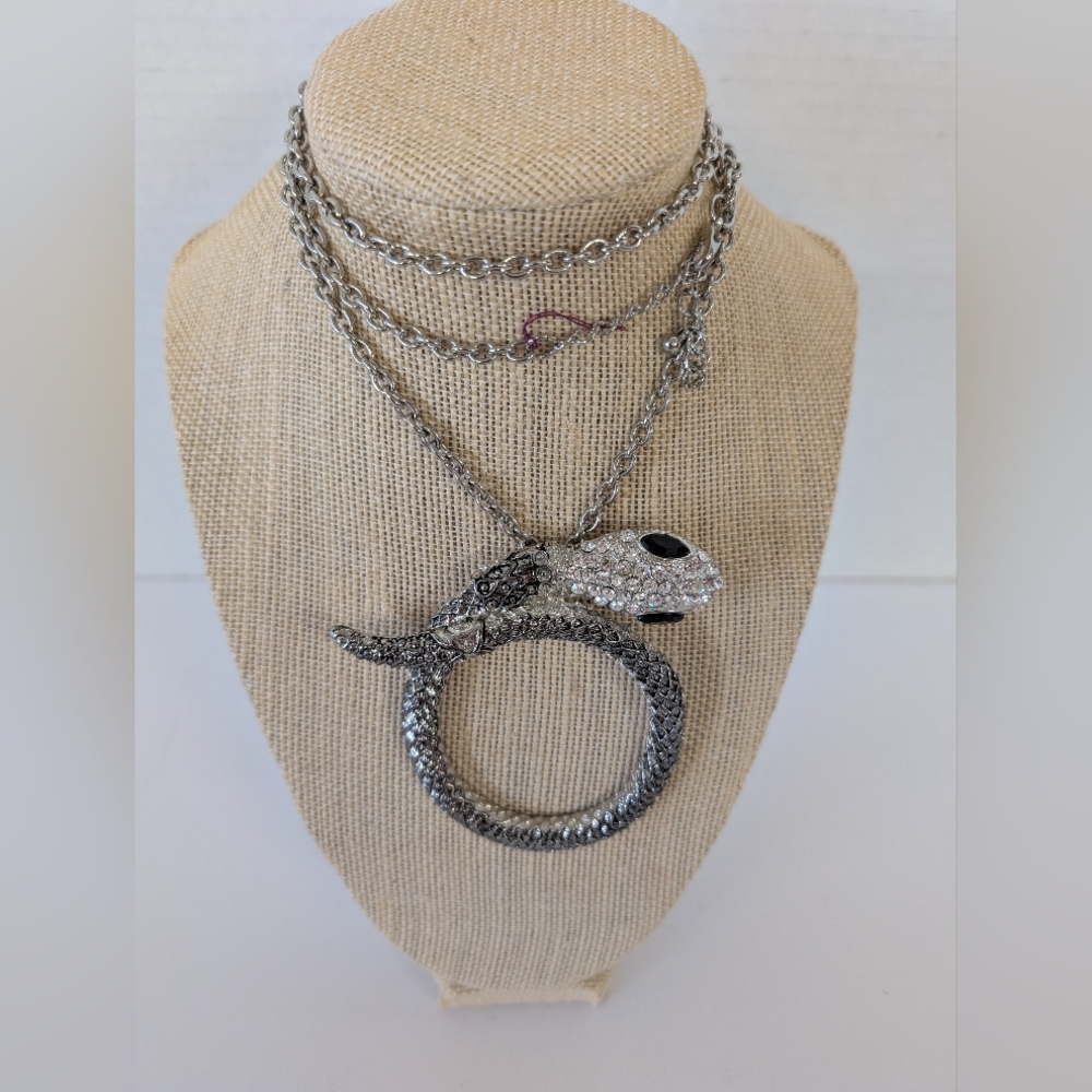 Vintage Necklace Reptile Snake Black Rhinestone Eyes Pendant